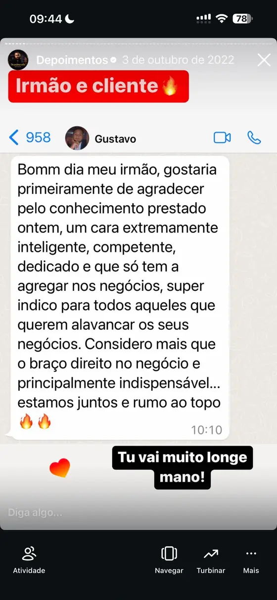 Depoimento de cliente aplicando o que aprendeu